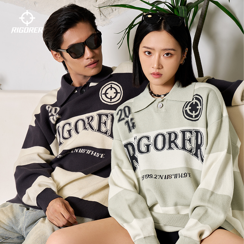 【复古毛衣】准者男款里夫斯宽松慵懒美式撞色条纹翻领套头运动上衣