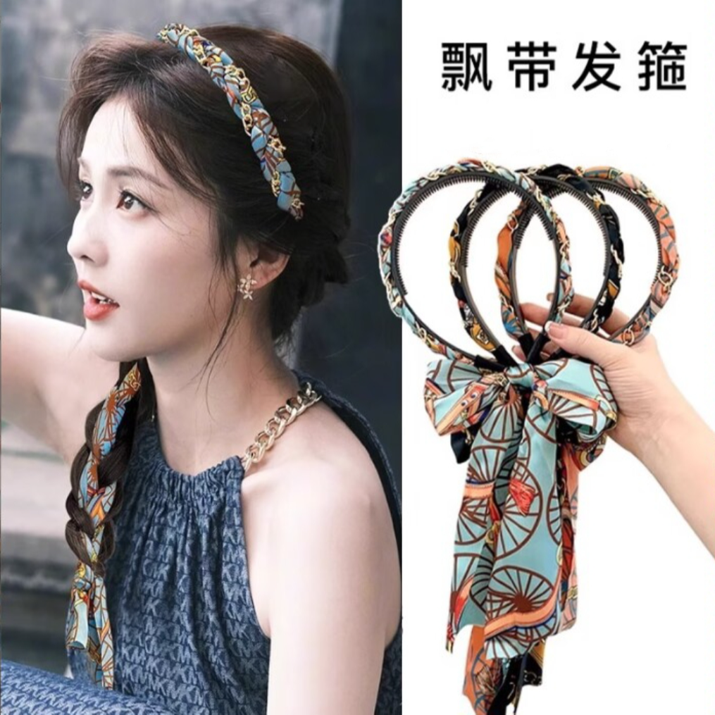 网红复古链条发箍缎面布艺压头发飘带绑发编发头饰气质轻奢法式