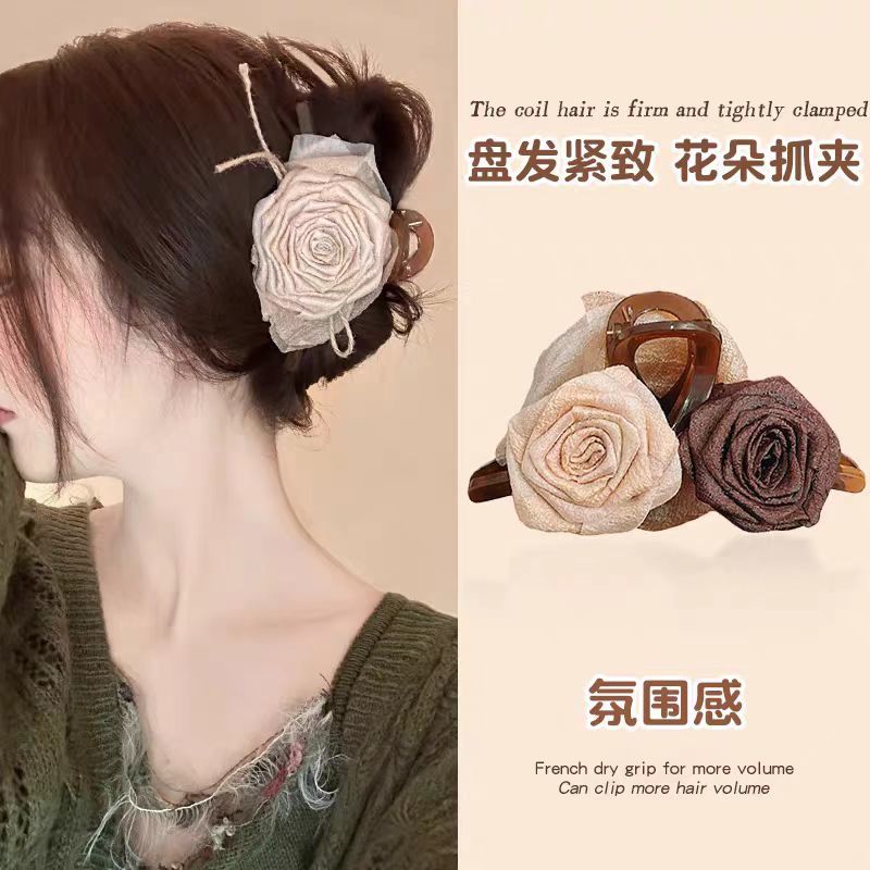 法式玫瑰新中式复古布艺玫瑰抓夹小众设计仙气质温小发卡夹子头饰