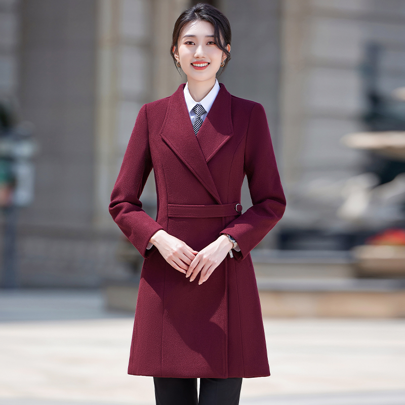 2025秋冬职业呢子大衣女款外套加棉加厚酒店工作服中长款1899
