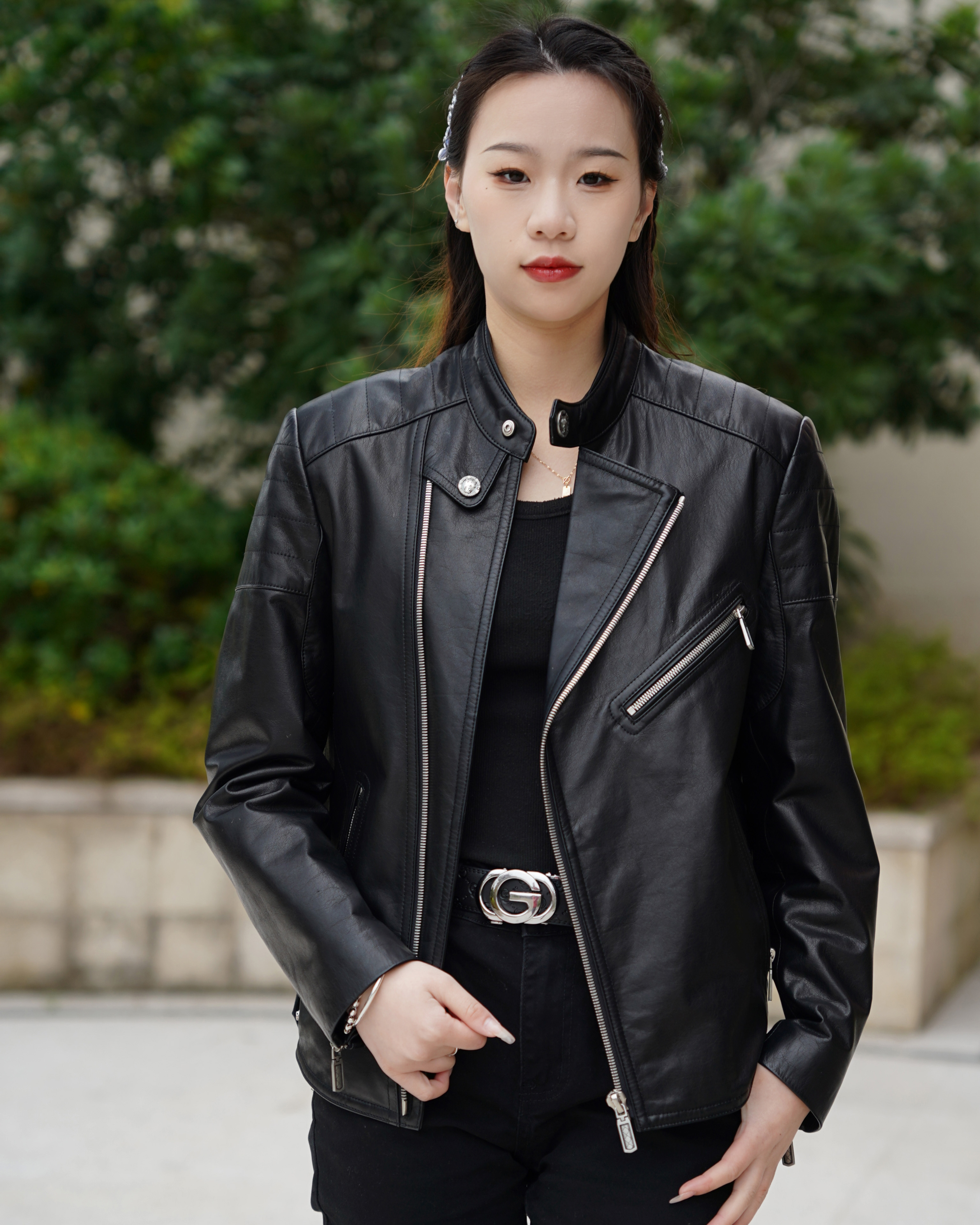 冬季新款2305牛皮衣短款立领黑色真皮衣男女同款韩版修身皮夹克