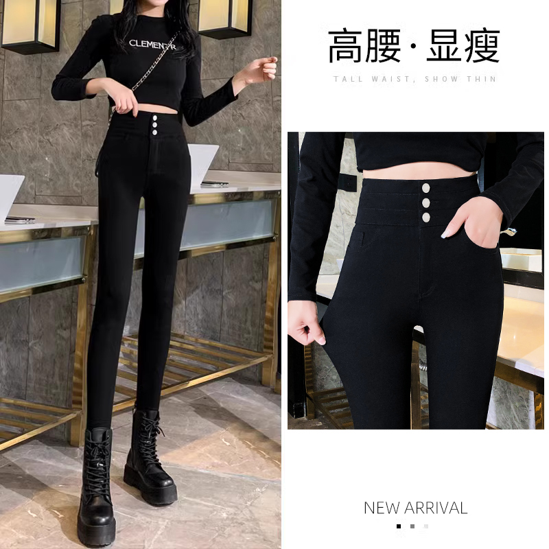 高腰打底裤女春秋外穿2025新款加绒黑色紧身弹力小黑裤铅笔小脚裤