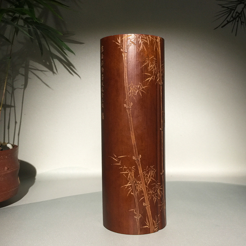 天然老煤竹茶则全手工双面雕刻传统四君子文房臂搁镇尺老竹片摆件