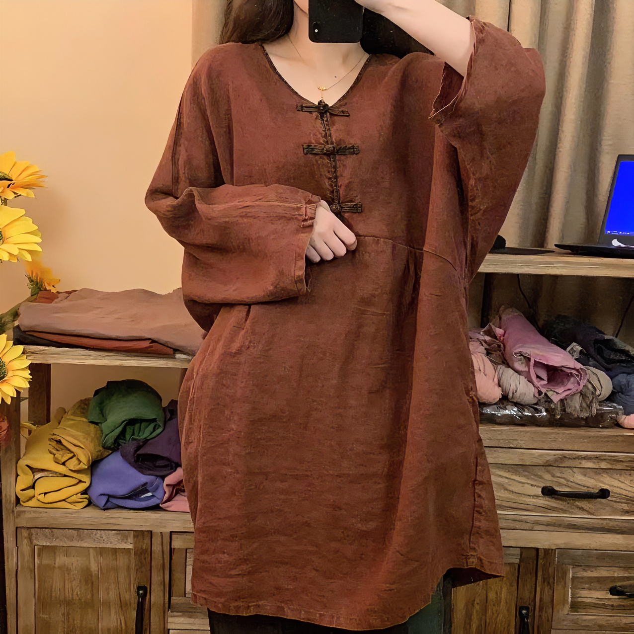 亚麻炒色衬衣款手工盘扣复古新中式女装袍子(胸围160衣长98-100
