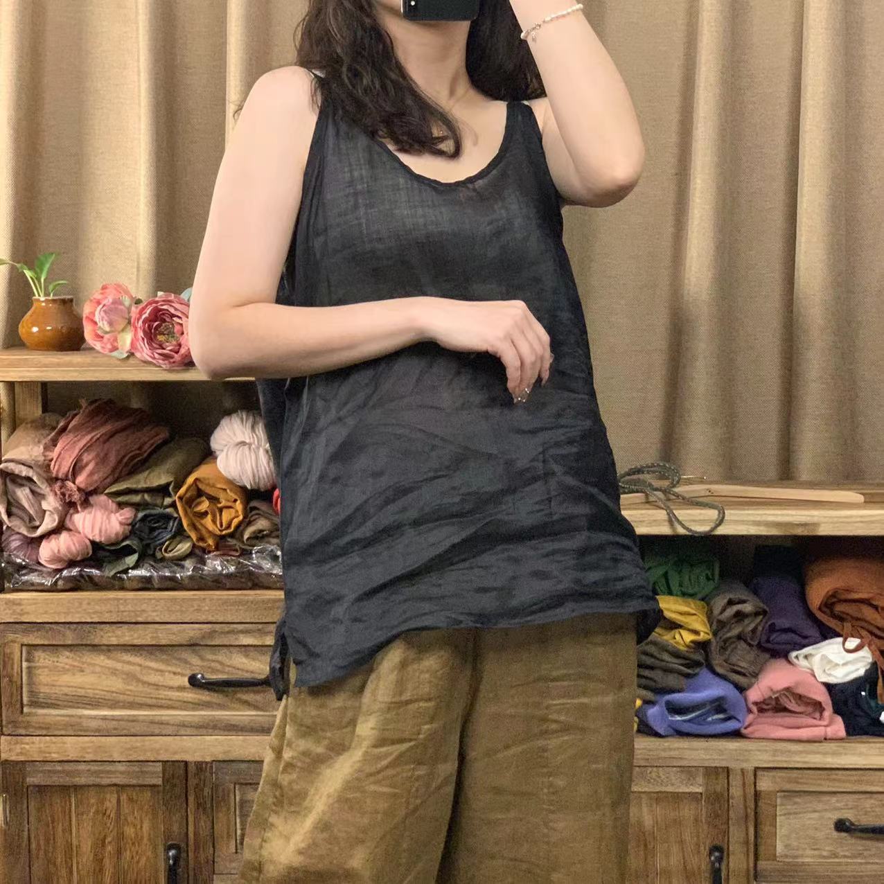 苎麻单层吊带背心打底纯色大码--jx2507（胸围118衣长60