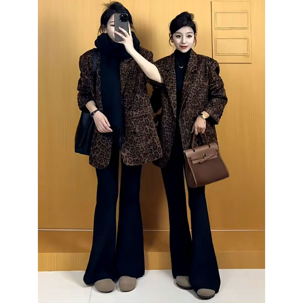 复古豹纹西装外套女春秋款2024时尚洋气高级感宽松西服小个子上衣