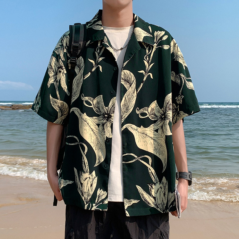 HANYISI短袖花衬衫男夏季美式度假半袖大码透气垂感衬衣CD32289