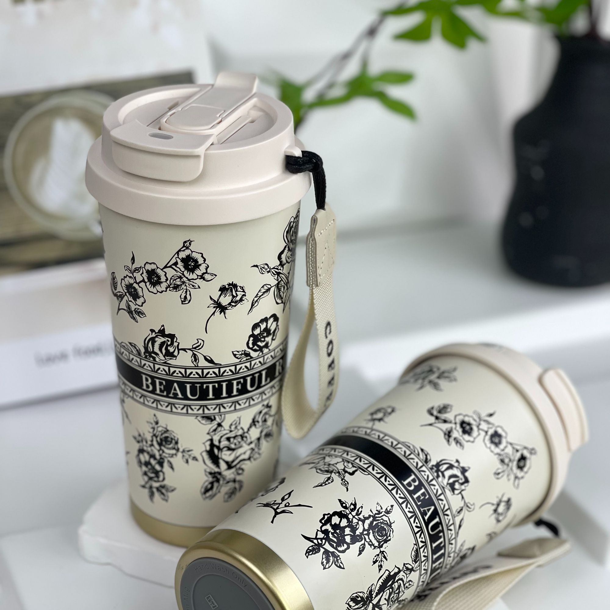 新款情侣玫瑰咖啡杯316内胆双饮杯带盖保温保冰咖啡杯