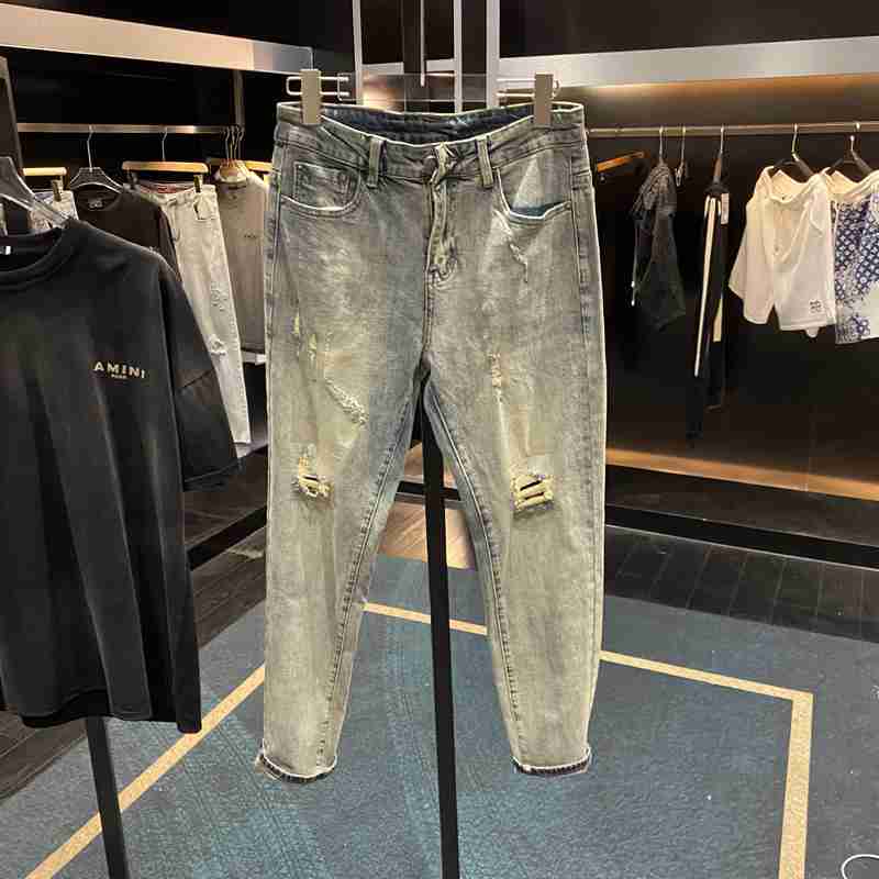 2024夏季牛仔裤男潮流高街修身休闲韩版水洗小脚裤