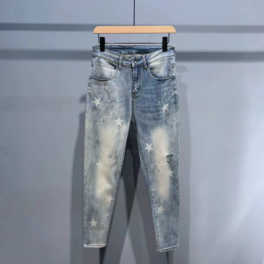 夏季破洞水洗做旧简约星星印花牛仔裤男士