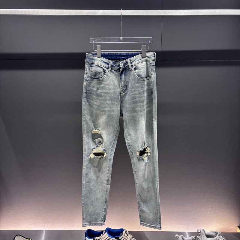 韩版夏秋男直筒休闲修身小脚裤弹力牛仔裤潮流破洞水洗男士