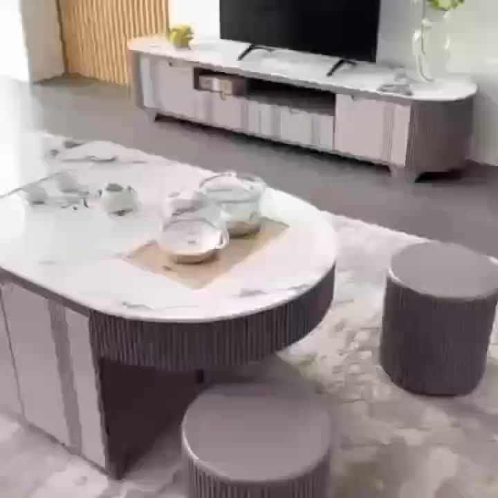 轻奢现代岩板功夫茶几电视柜组合小户型家用客厅椭圆形大理石茶桌