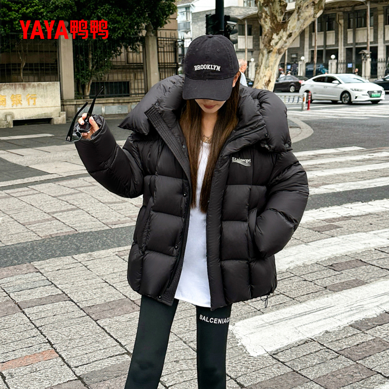 女女装银行加厚羽绒服宽松型插肩袖休闲黑色宽松女士秋冬短款黑色