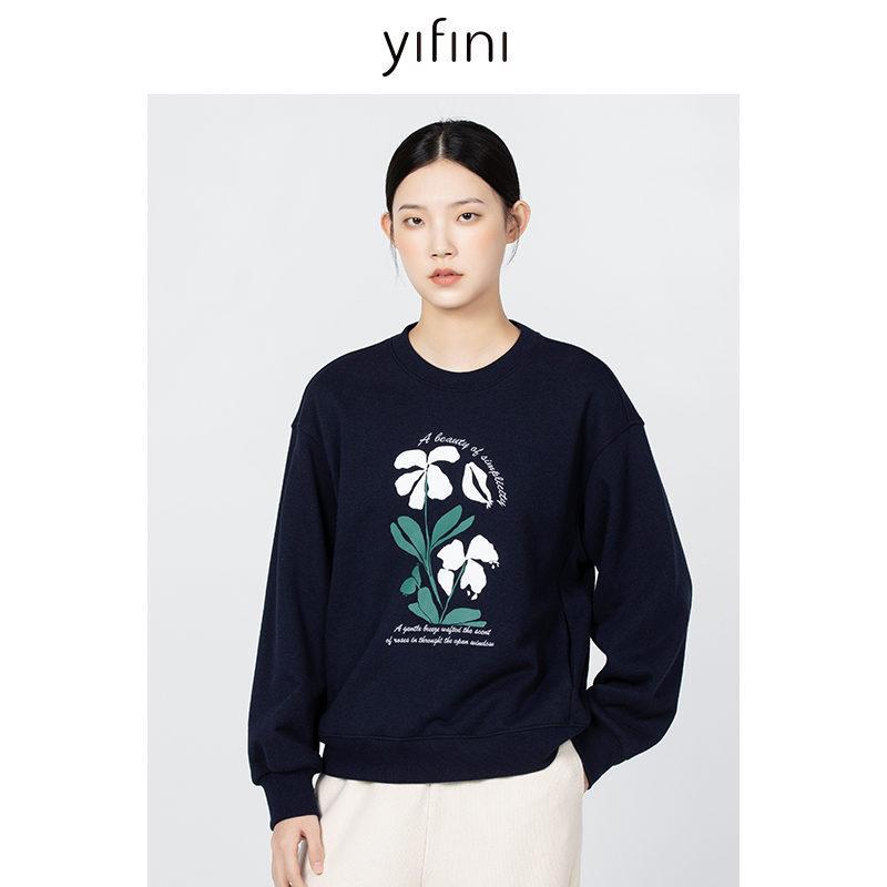 【Yifini】色纺纱国风刺绣印花保暖长袖圆领百搭卫衣B11W5909