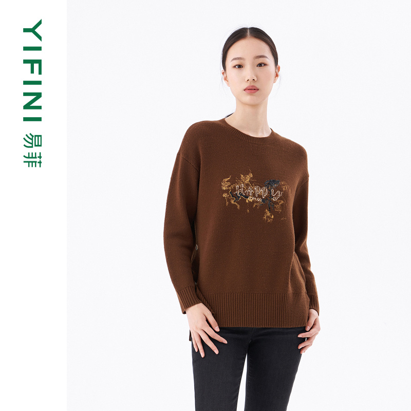 【Yifin】秋冬绵羊毛混纺时尚休闲百搭宽松圆领套头毛衫B12M1010