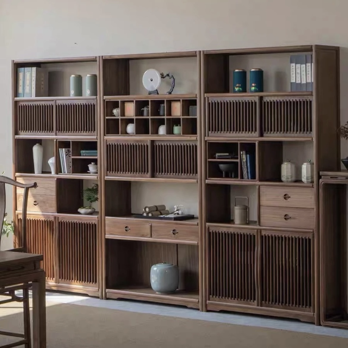 栖于木新中式博古架书柜展示柜老榆木黑胡桃色多宝阁茶室置物架