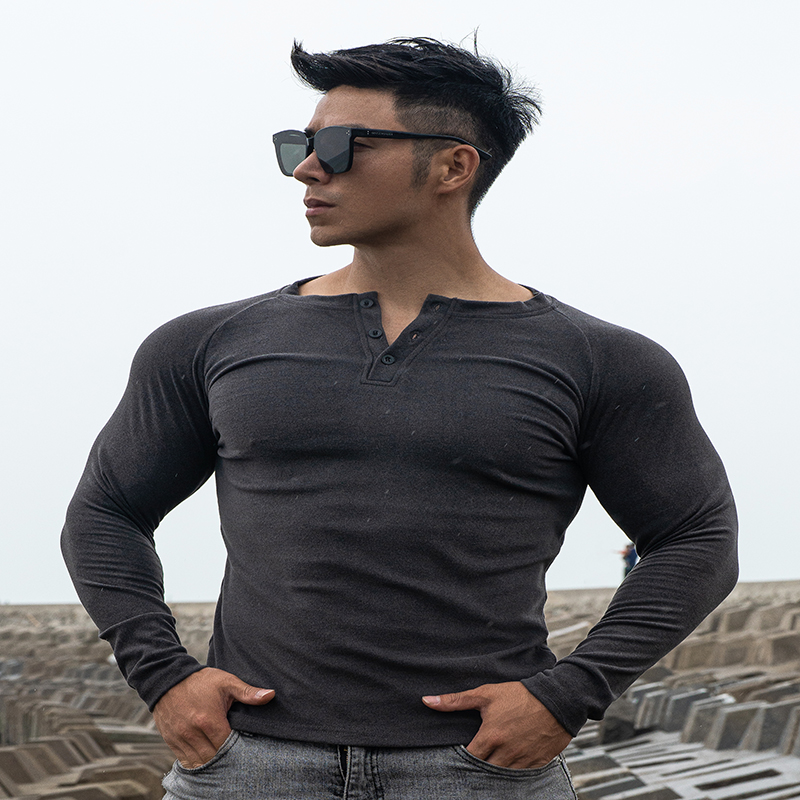 秋冬男款健身运动双面德绒保暖透气打底亨利衫长袖修身纽扣上衣