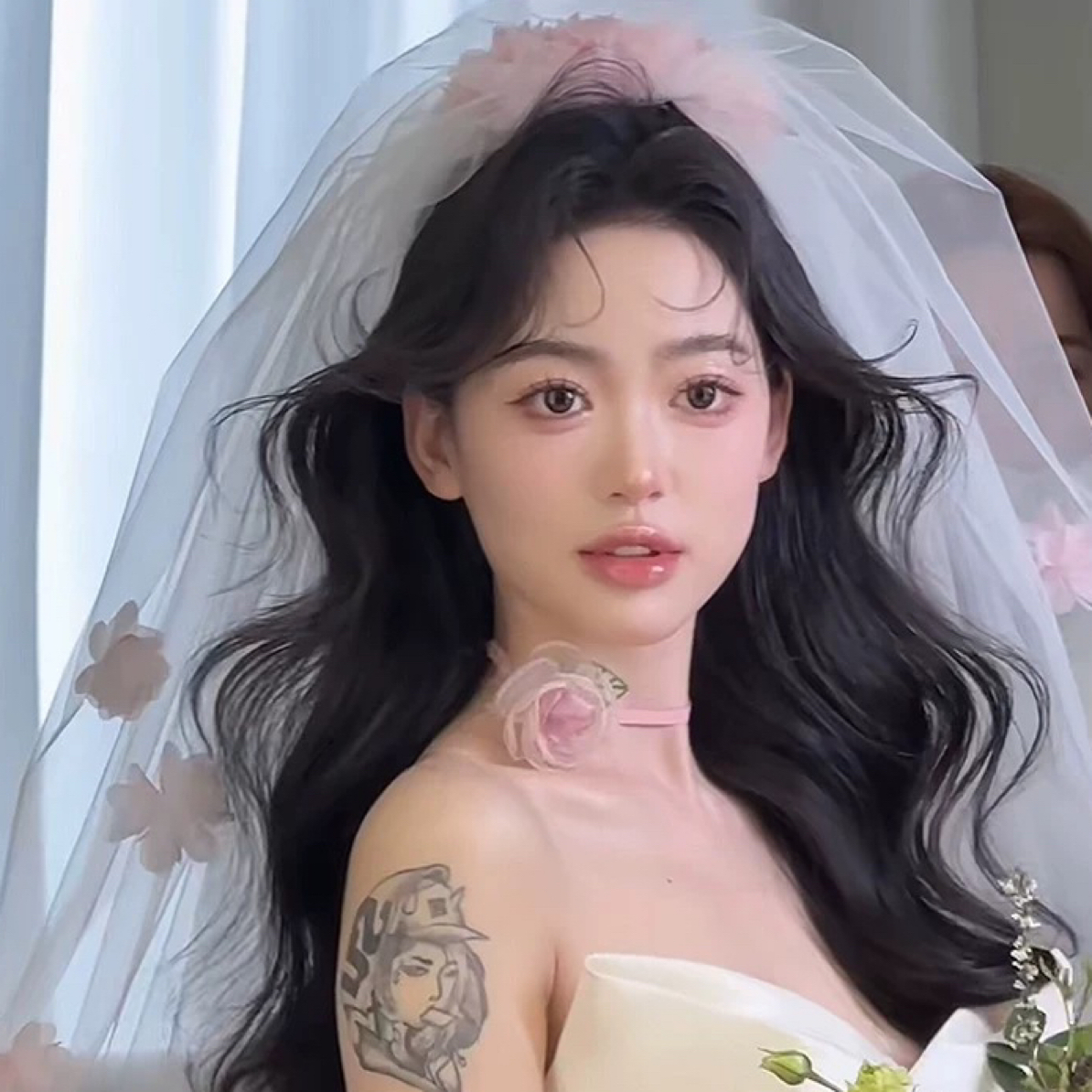 1280康康造型头纱新娘婚纱森系粉色花朵短款结婚求婚旅拍头纱