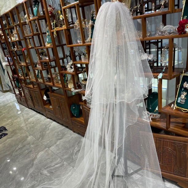 1046 莎莎婚嫁饰品爆闪包边双层新娘长款拖尾韩式结婚百搭头纱