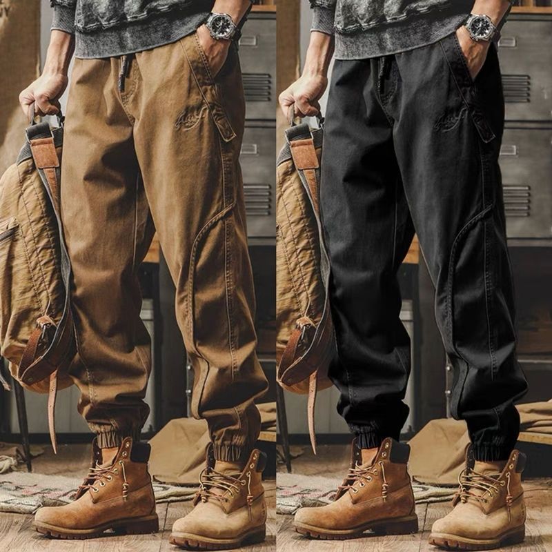 美式时尚硬汉复古耐磨工装裤子男秋冬宽松大码机能阔腿束脚工作裤