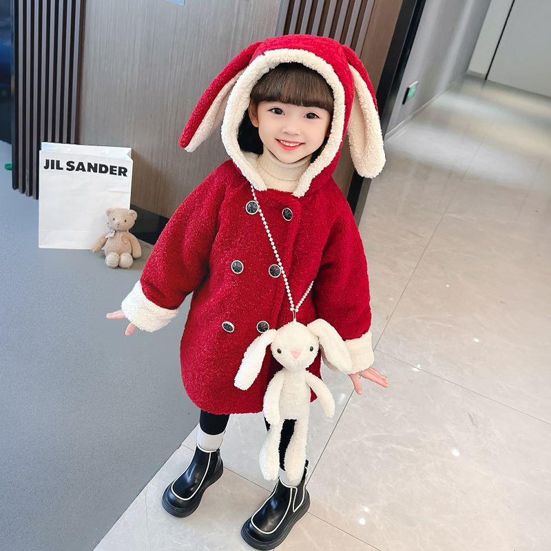 女童冬装毛毛衣加绒加厚外套2023冬季新款兔耳朵洋气拜年服