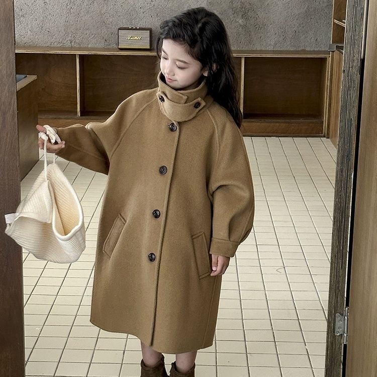 女童双面大衣呢孑外套2023春秋款洋气呢大衣中长连帽外韩系