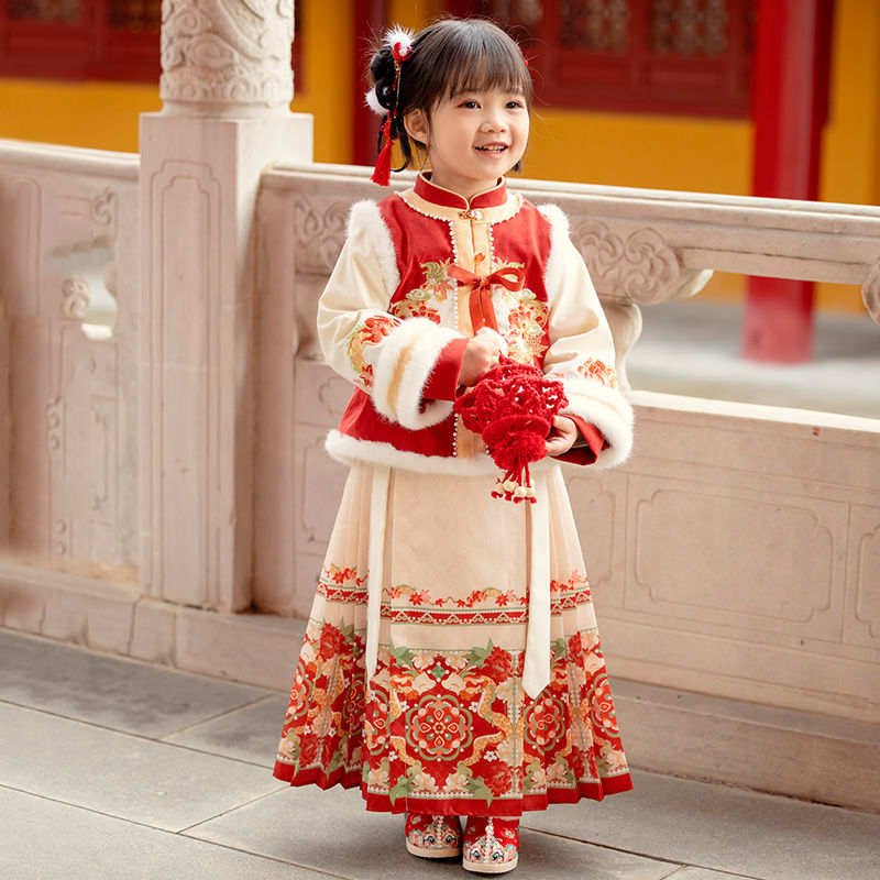 汉服女童冬装宝宝中国风明制套装女孩古装长裙儿童过年唐装拜年服