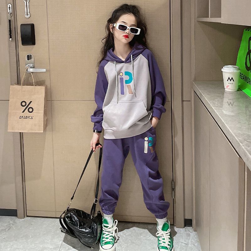 女童秋冬装套装加厚2023新款洋气时髦儿童网红运动加绒卫衣两件套