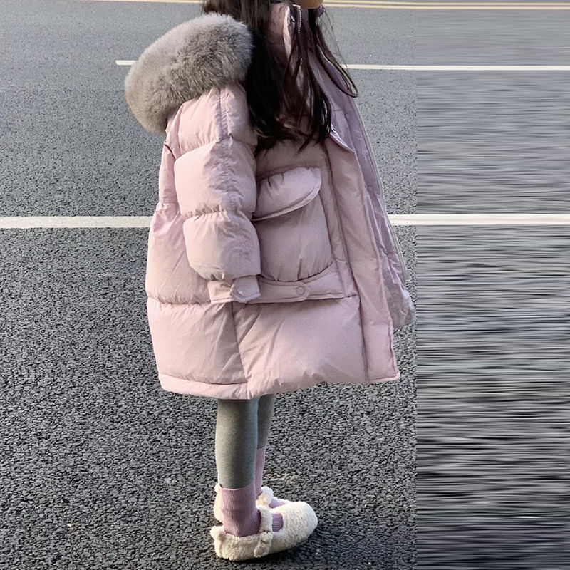 女童洋气大毛领连帽服儿童中长款衣秋冬款加厚保暖外套