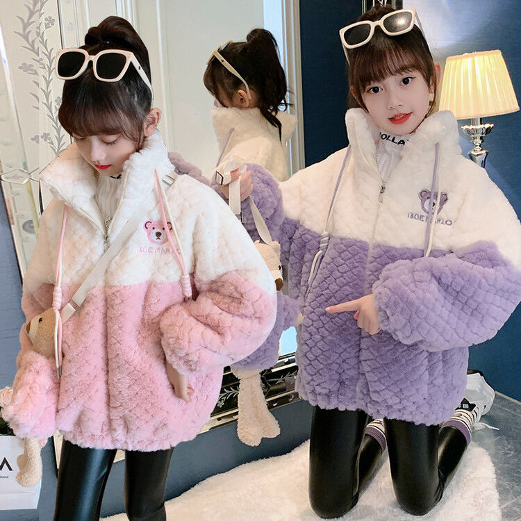 女童外套2023新款秋冬洋气儿童加绒加厚网红女孩冬季毛毛衣外套