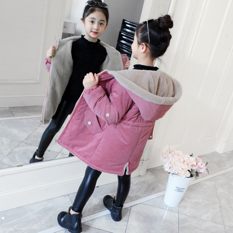 女童棉衣中长款外套2023新款时尚女孩冬装加绒加厚条绒中大童棉袄