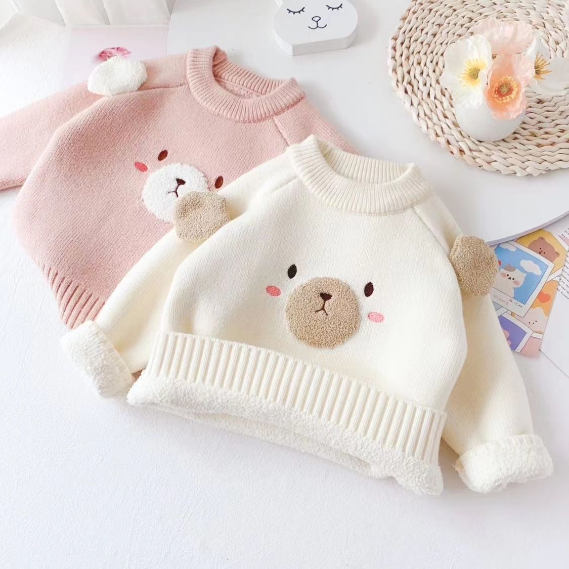 女宝宝一体绒毛衣2023秋冬加厚宝宝加绒针织衫儿童套头打底衫卡通