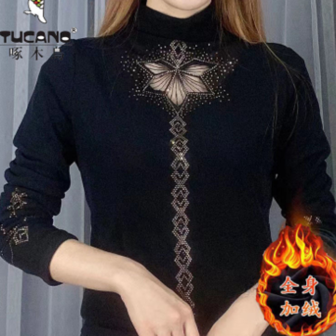 2025秋冬新款时尚加绒袖口烫钻打底衫