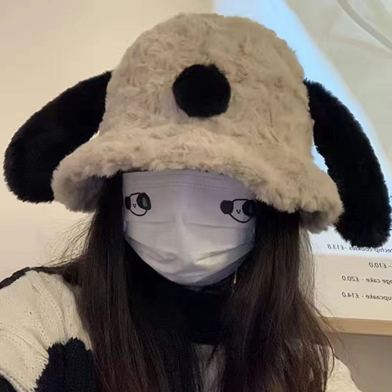 小狗耳朵渔夫帽女秋冬季韩版大头围毛绒水桶帽可爱显脸小保暖帽子