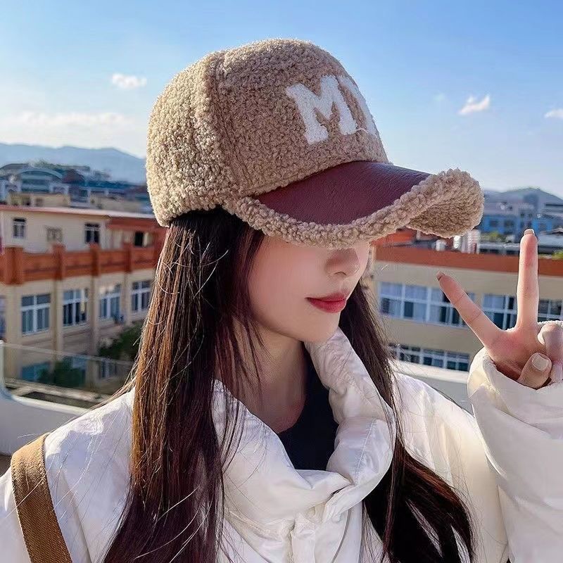 新款毛帽子女士秋冬季时尚百搭毛绒鸭舌帽加厚保暖棉帽棒球帽