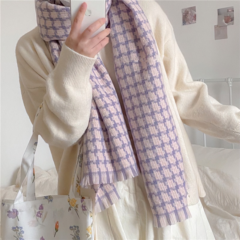 围巾冬季加厚软糯慵懒风韩系小众不撞款千鸟格围脖女生保暖毛茸茸
