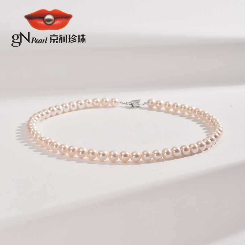 【优选】京润珍珠妙语S925银淡水珍珠项链7.3-8.3mm白色圆形经典款