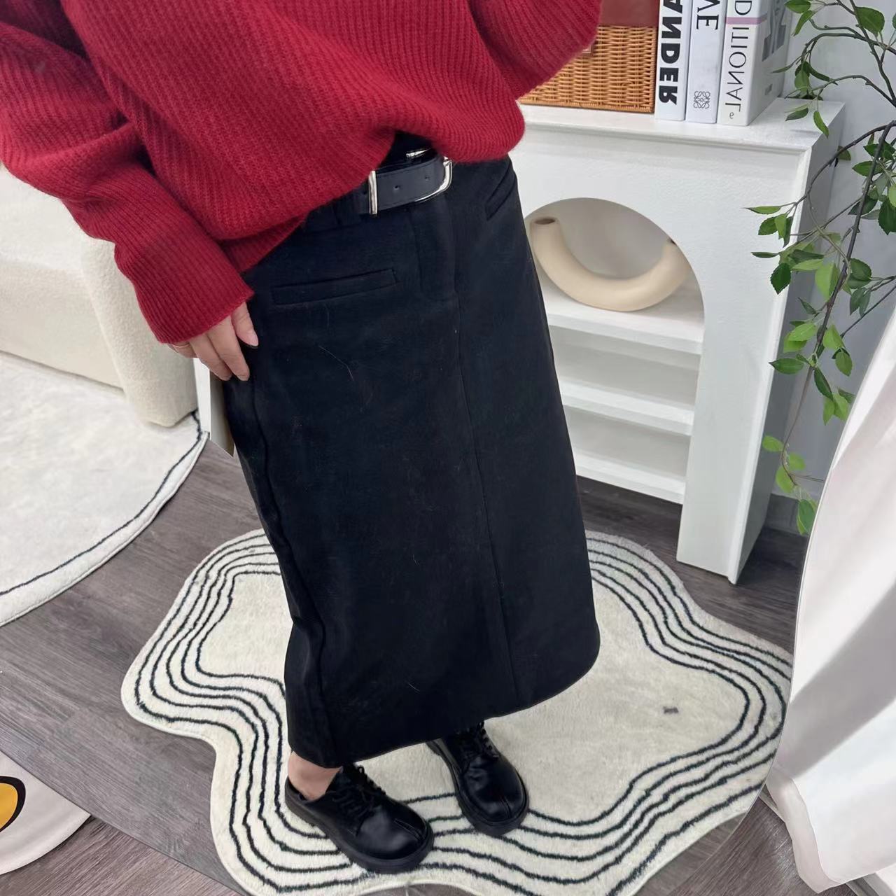 【多姐自卖】黑色厚呢半身裙！87828欧货~秋冬气质A字中长款百搭裙子