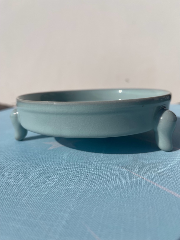 汝窑手工天青釉三足笔洗瓷器开片汝瓷14公分直径冰裂纹陶瓷天青色