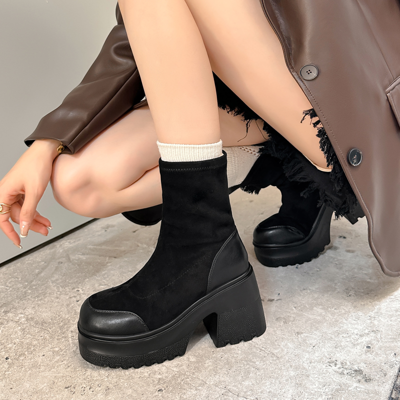 10cm真皮高跟短靴女粗跟弹力瘦瘦靴2025秋冬新款厚底小个子马丁靴