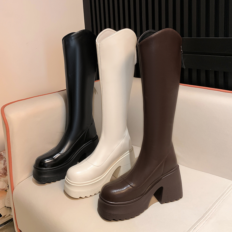 10cm真皮粗跟小个子长筒靴女高跟骑士靴2025新款不过膝厚底高筒靴