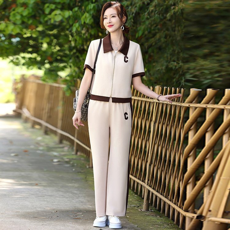 时尚新款中年妈妈夏装洋气休闲外套套装中老年女夏季两件套运动服