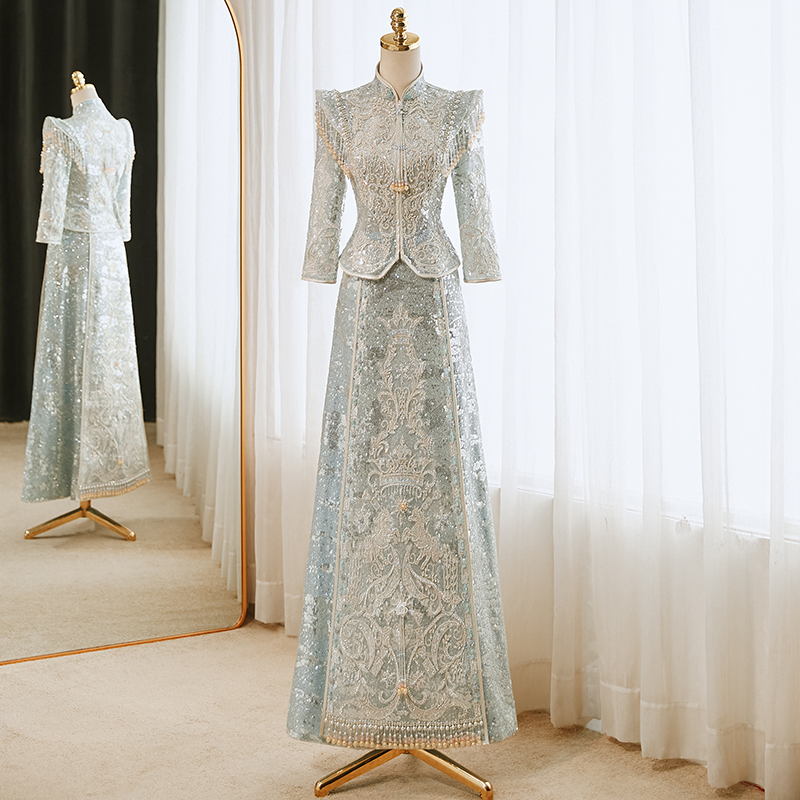 冰蓝色秀禾服2025新款气质中式婚纱结婚礼服重工秀和服高级敬酒服