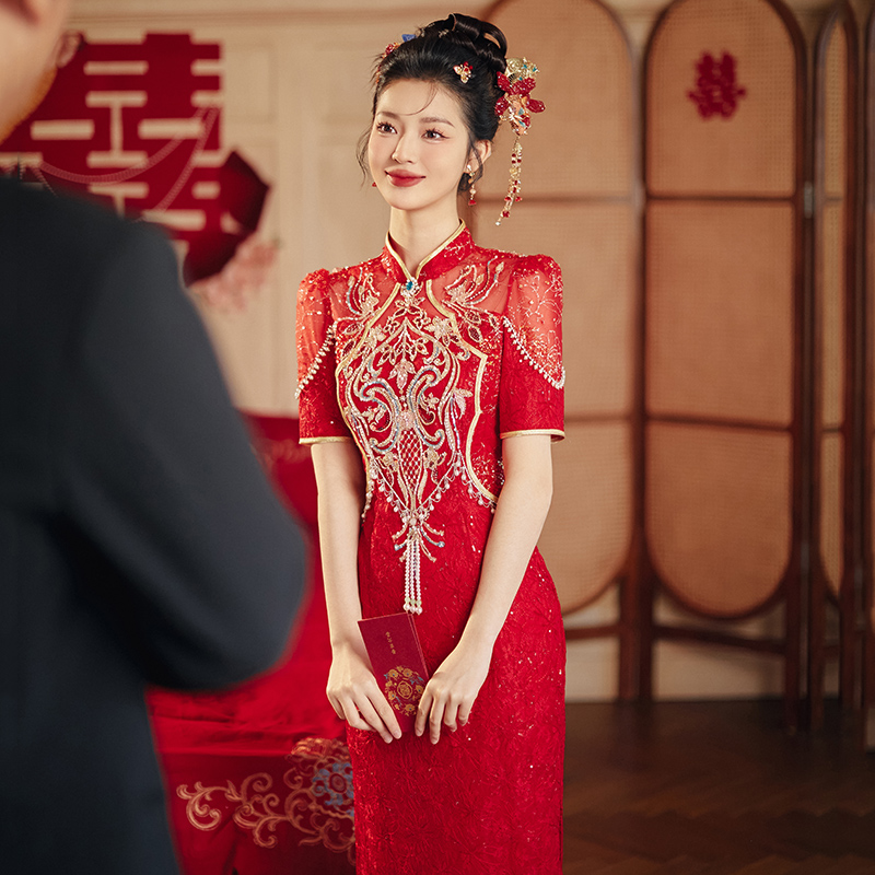 新中式红色敬酒服2025新款新娘晨袍结婚当天便装订婚回门旗袍夏季