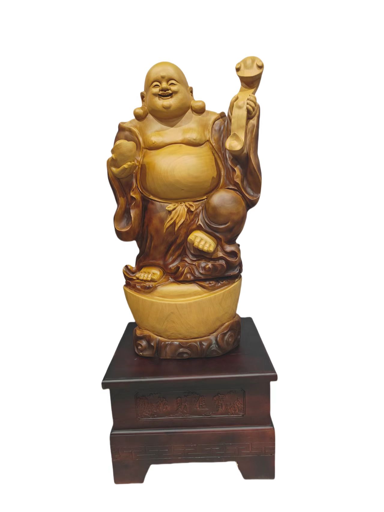 根雕工艺品，香樟木如意元宝弥勒，纯手工雕刻长70厚60高170
