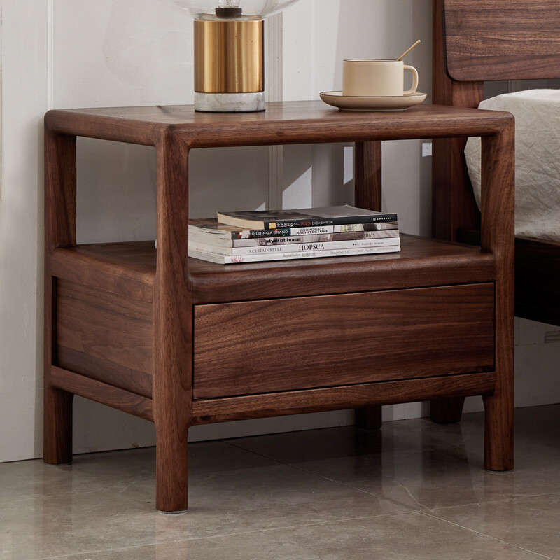致典北美黑胡桃木单层床头柜北欧简约卧室实木收纳柜床边柜抽屉柜