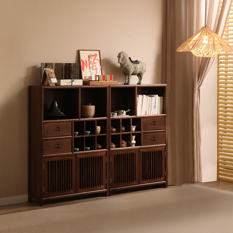 致典新中式黑胡桃木餐厅多宝格边柜客厅玄关储物柜家用落地收纳柜