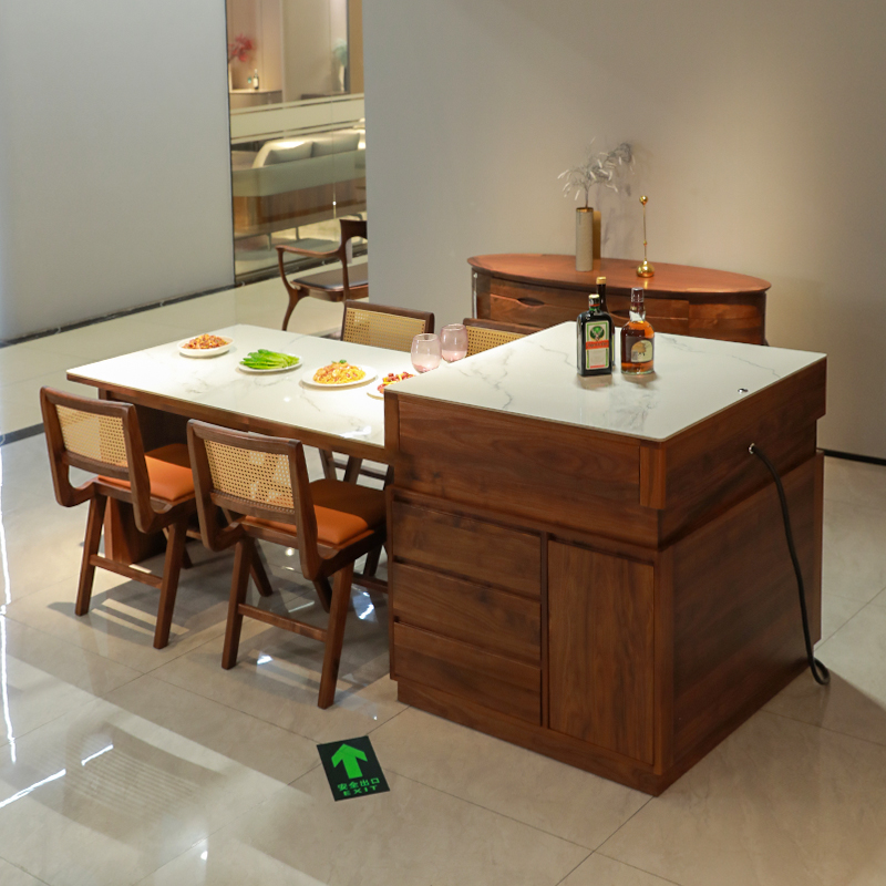 致典北美黑胡桃木岩板岛台桌现代伸缩实木岛台餐桌一体家用多功能