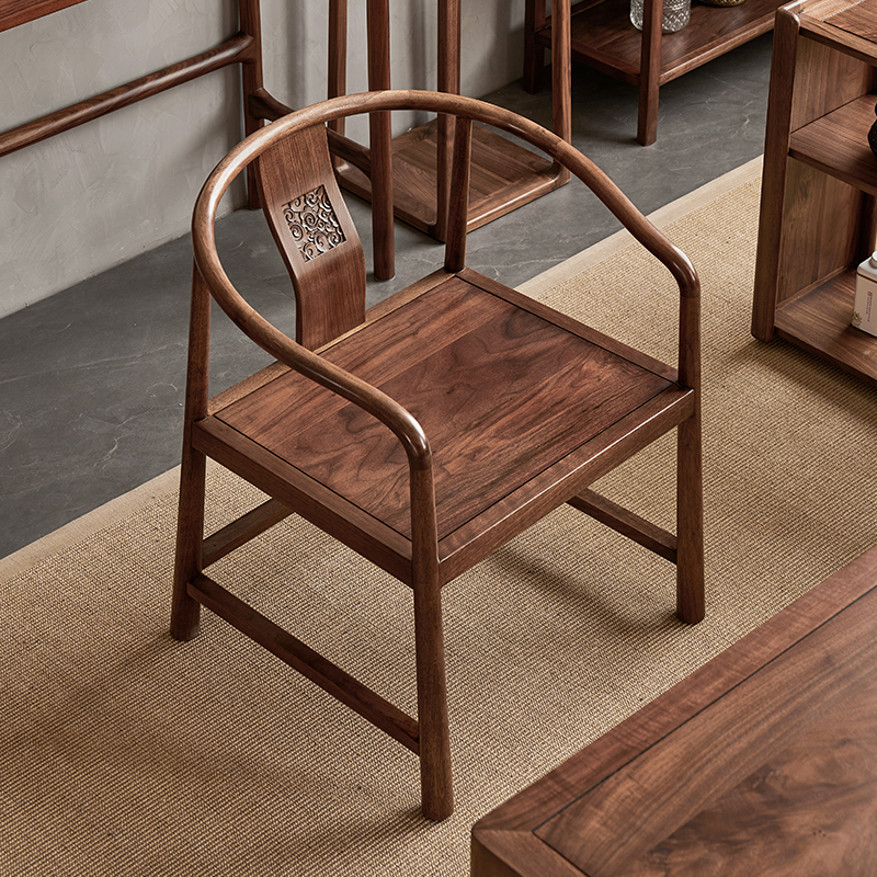 致典北美黑胡桃木雕花圈椅太师椅家用喝茶椅靠背椅新中式靠背椅