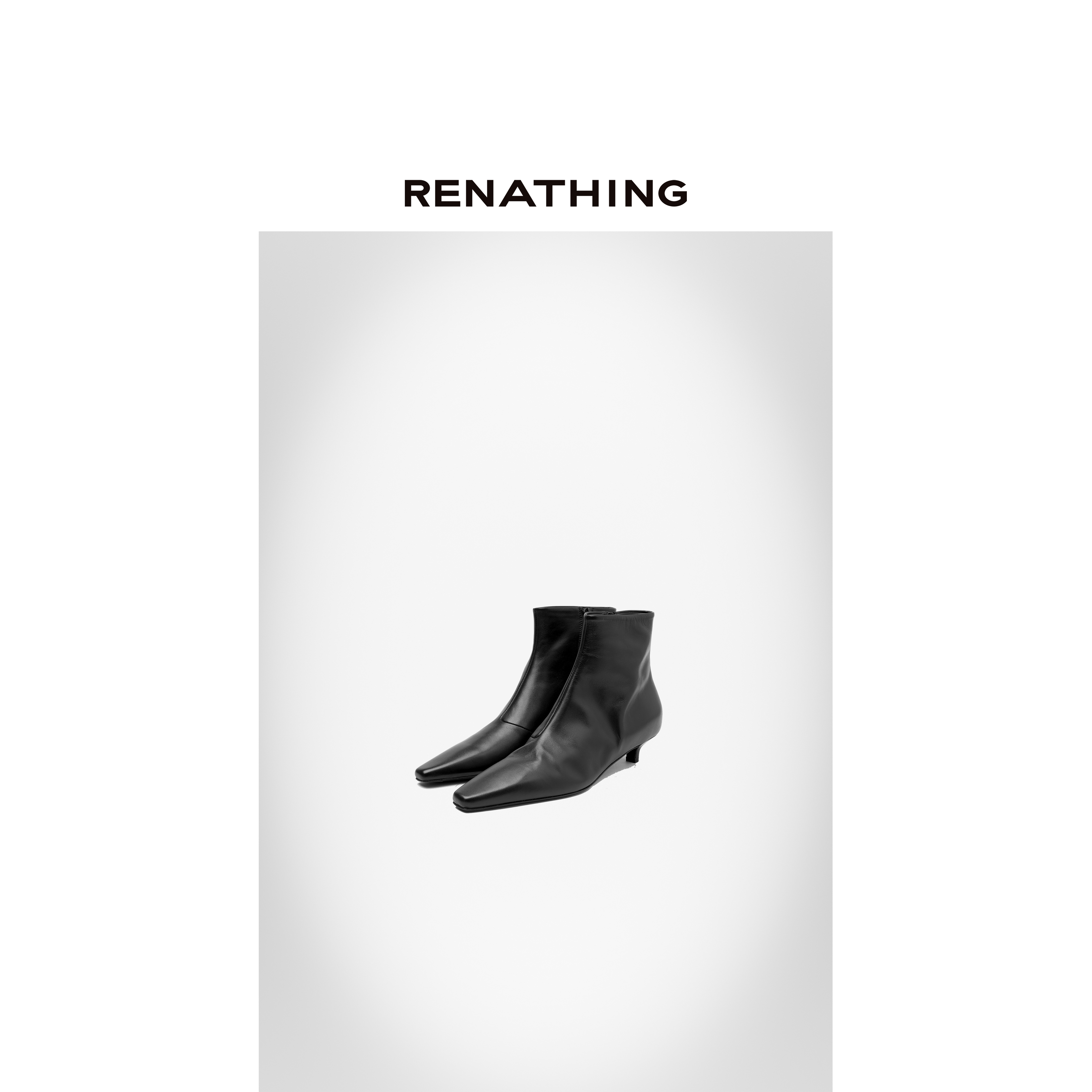 【RENATHING】黑色方头低跟踝靴